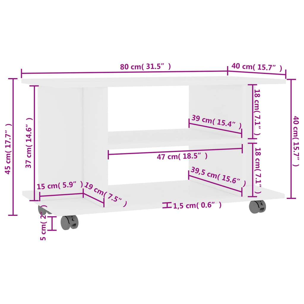 Tv-bänk med hjul vit 80x40x45 cm konstruerat trä