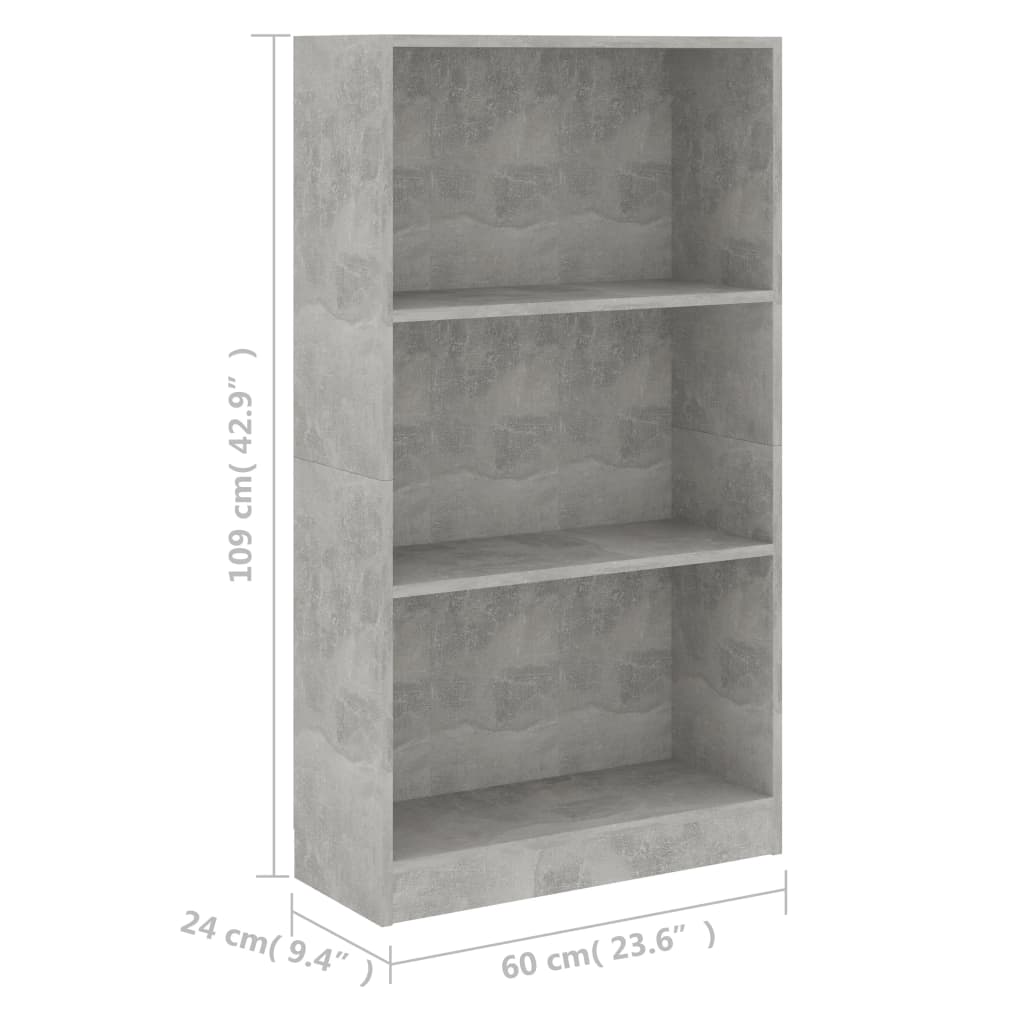 Bokhylla 3 hyllor betonggrå 60x24x109 cm konstruerat trä