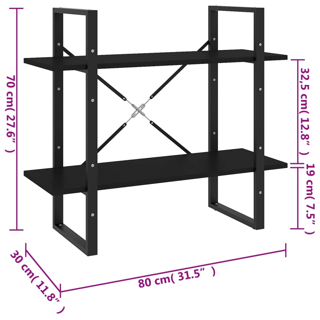 Bokhylla 2 hyllplan svart 80x30x70 cm konstruerat trä