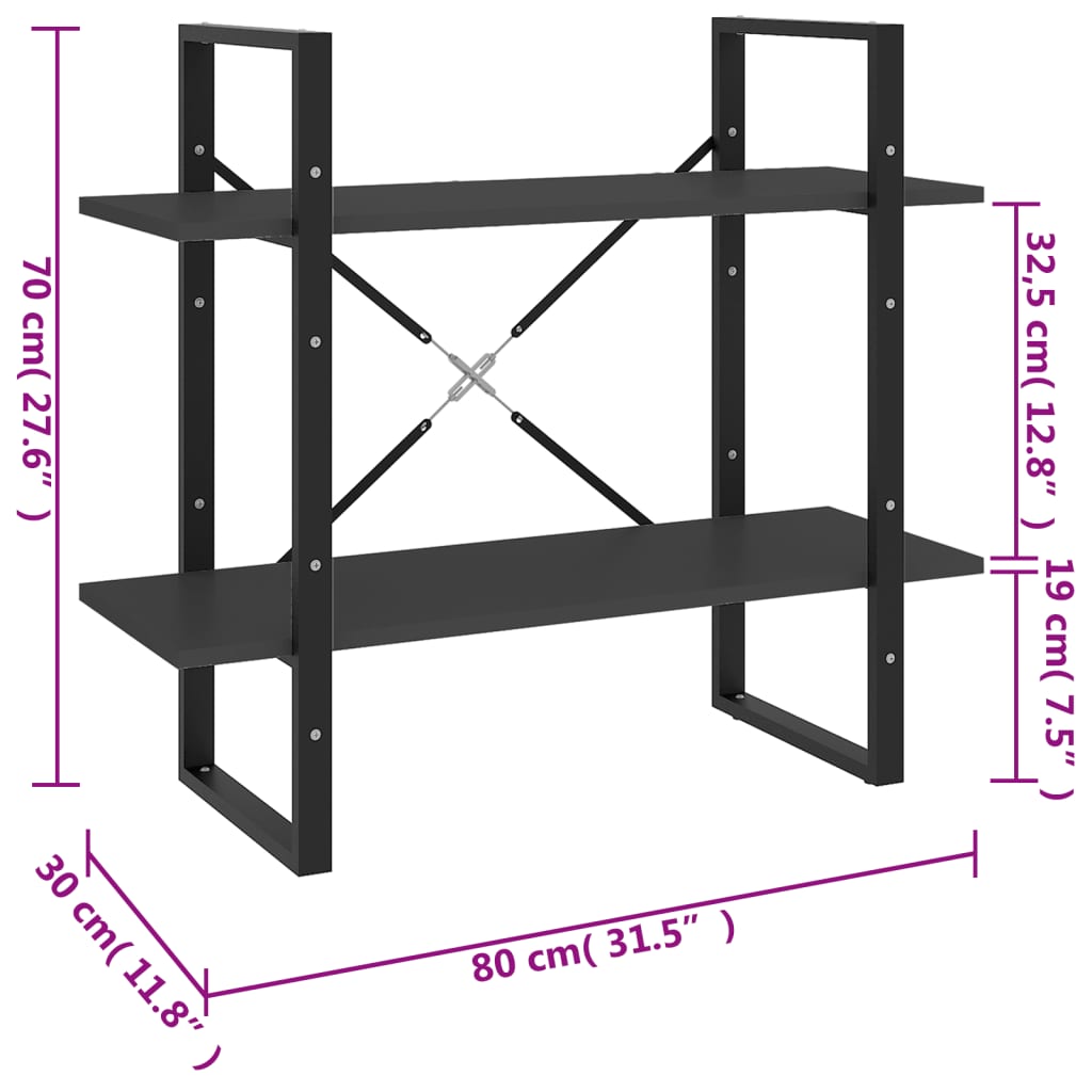 Bokhylla 2 hyllplan grå 80x30x70 cm konstruerat trä