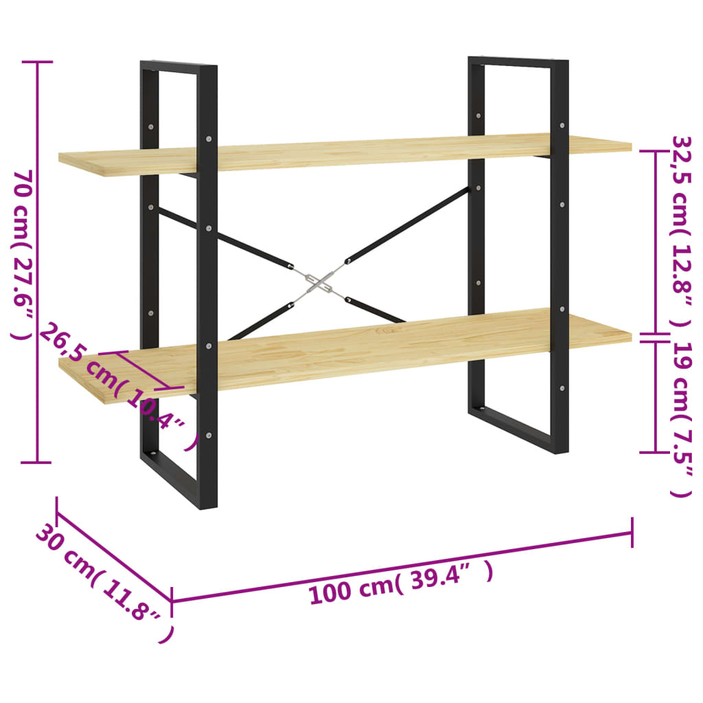Bokhylla 2 hyllplan 100x30x70 cm massiv furu