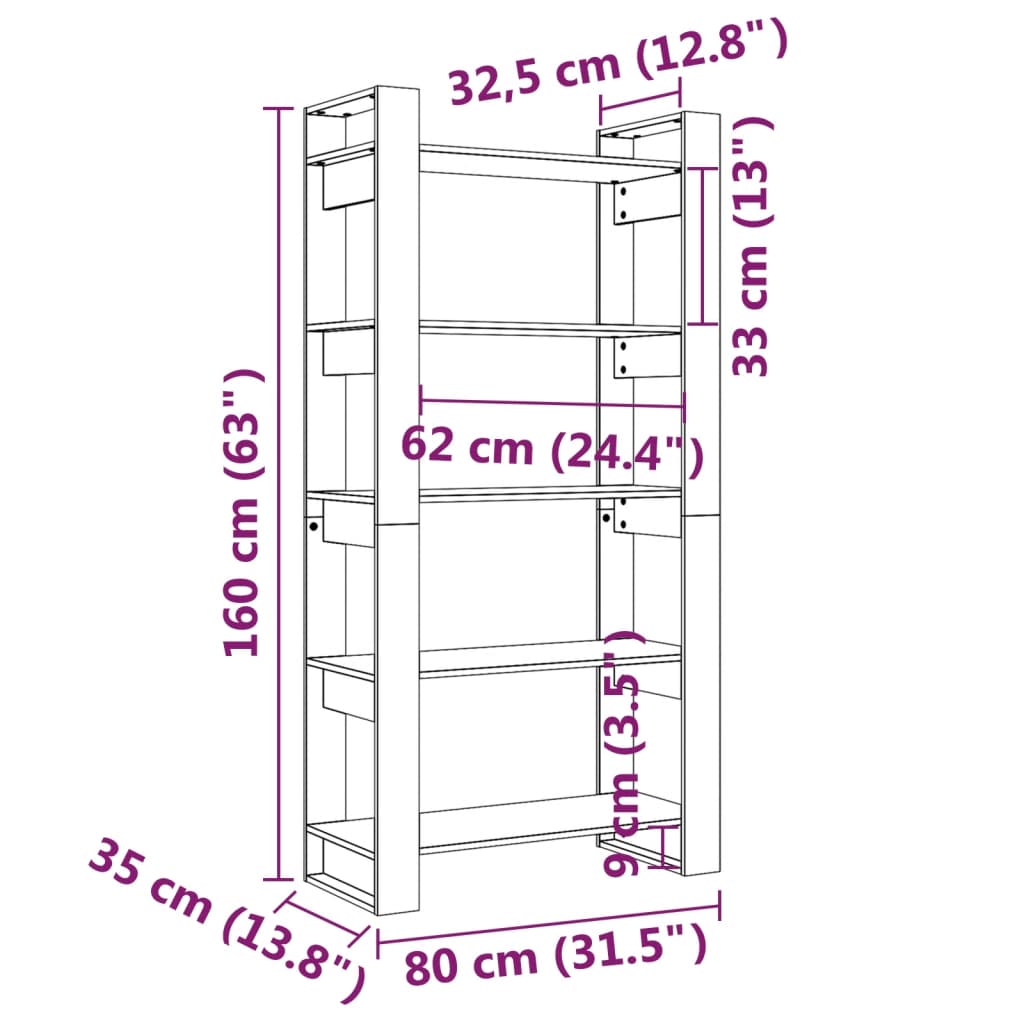 Bokhylla/rumsavdelare 80x35x160 cm massiv furu