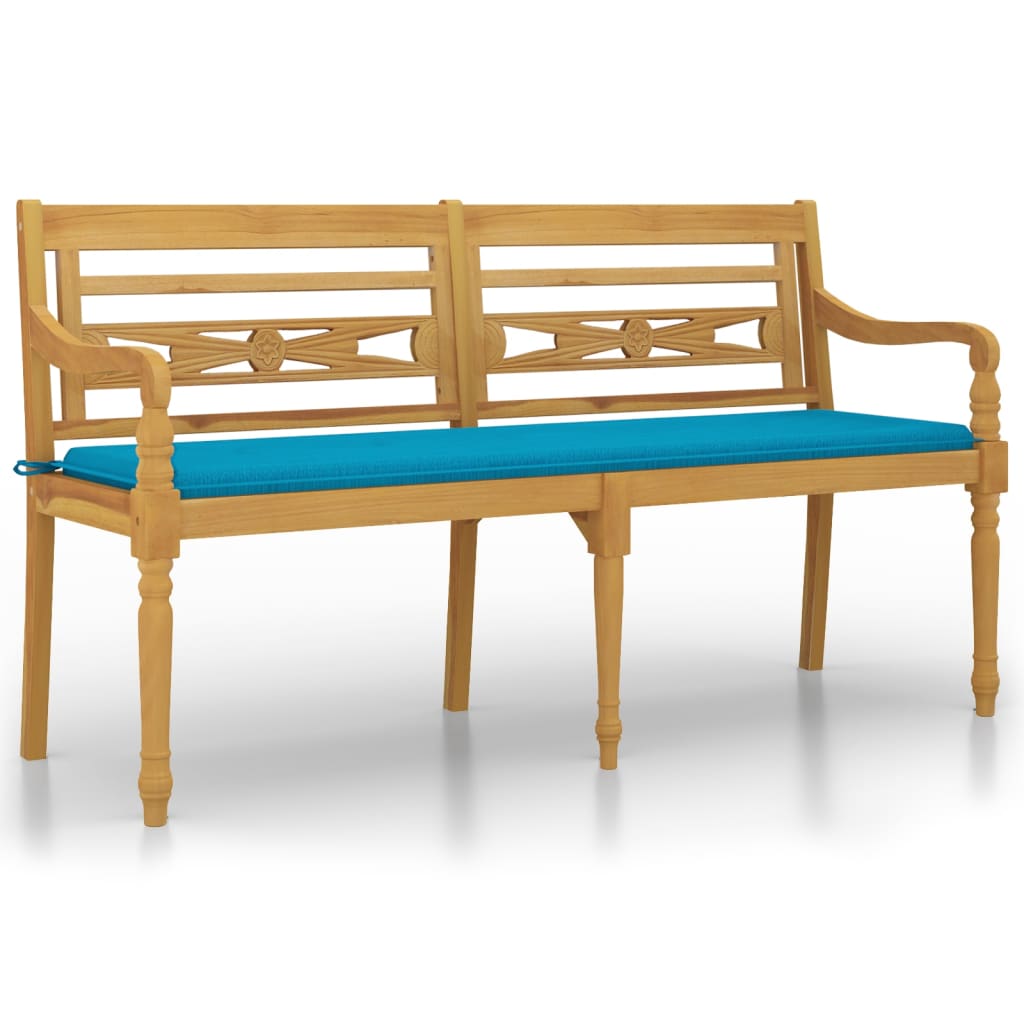 Bataviabänk med blå dyna 150 cm massiv teak