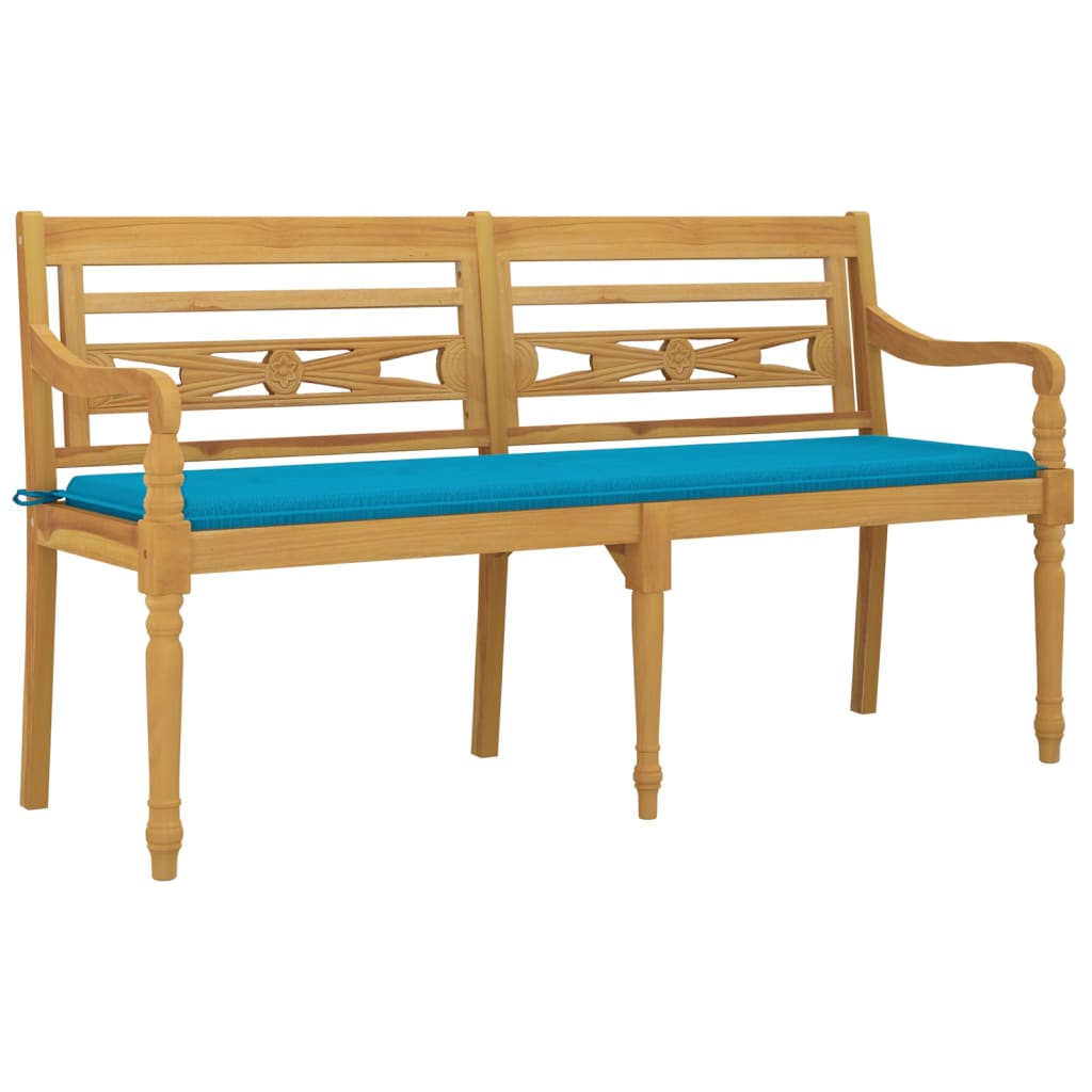 Bataviabänk med blå dyna 150 cm massiv teak