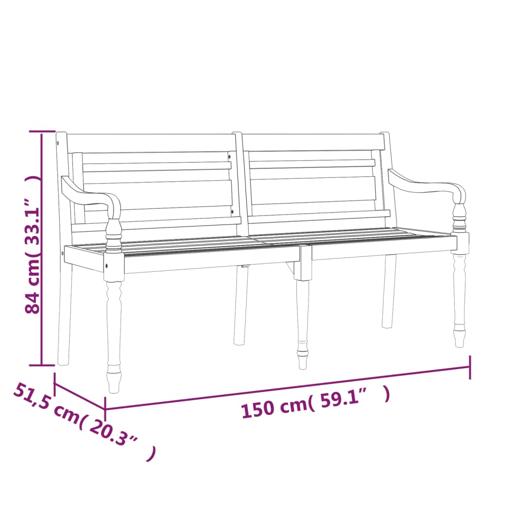 Bataviabänk med blå dyna 150 cm massiv teak