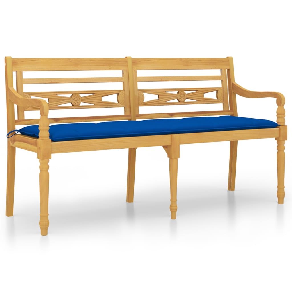 Bataviabänk med blå dyna 150 cm massiv teak