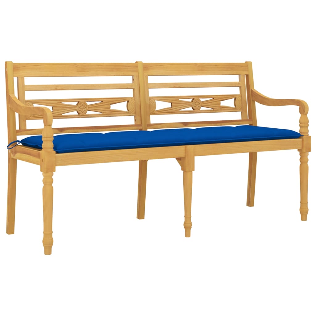 Bataviabänk med blå dyna 150 cm massiv teak