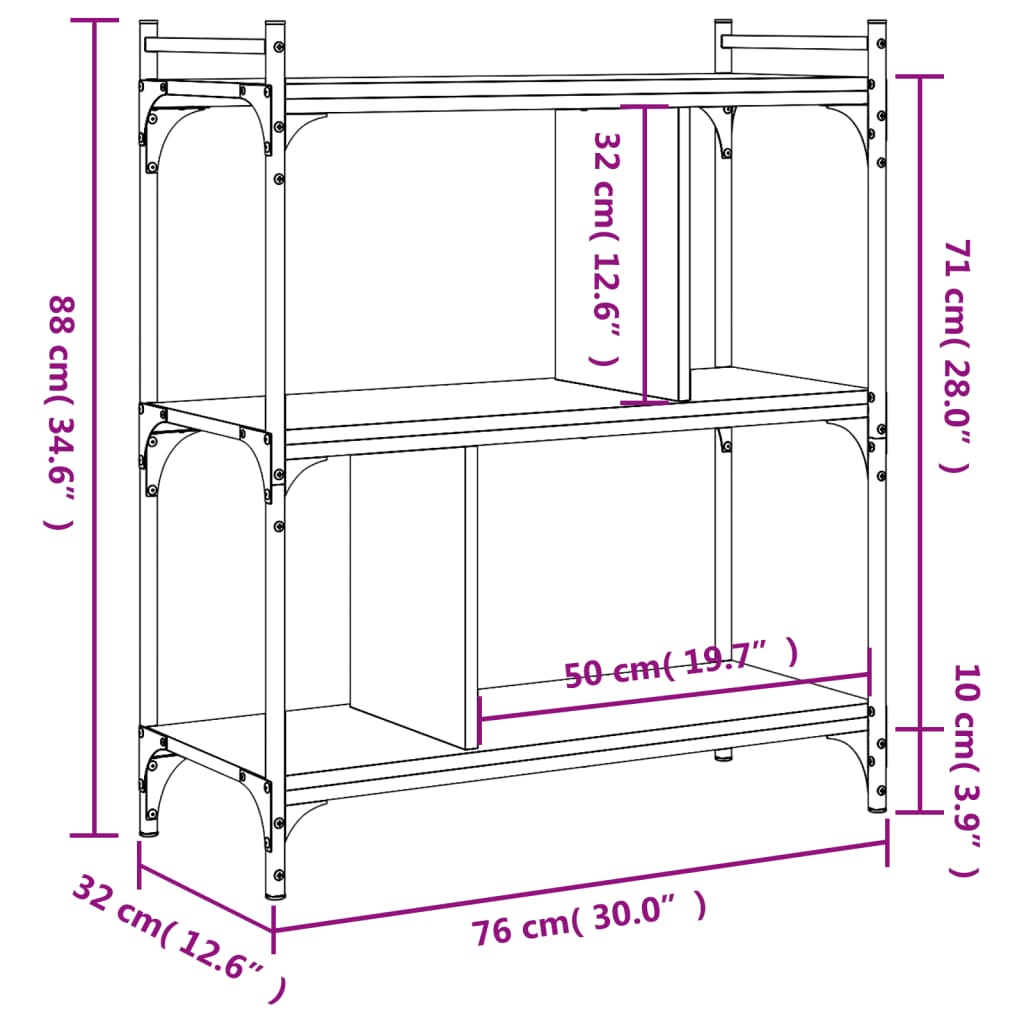 Bokhylla 3 hyllplan grå sonoma 76x32x88 cm konstruerat trä