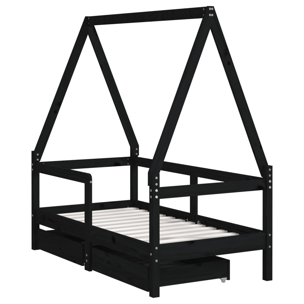 Sängram för barnsäng m. lådor svart 70x140 cm massiv furu
