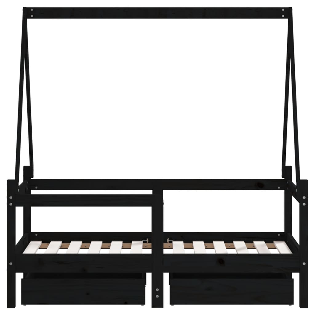 Sängram för barnsäng m. lådor svart 70x140 cm massiv furu