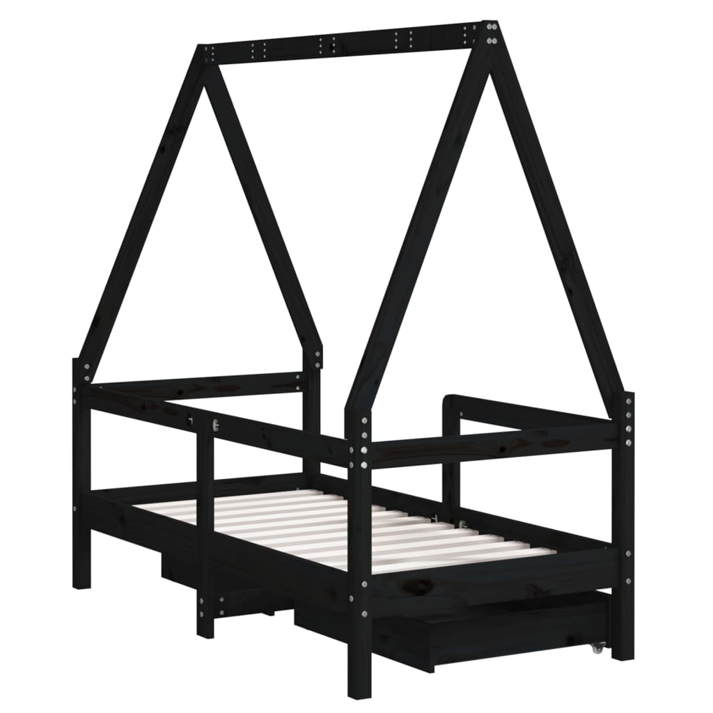 Sängram för barnsäng m. lådor svart 70x140 cm massiv furu