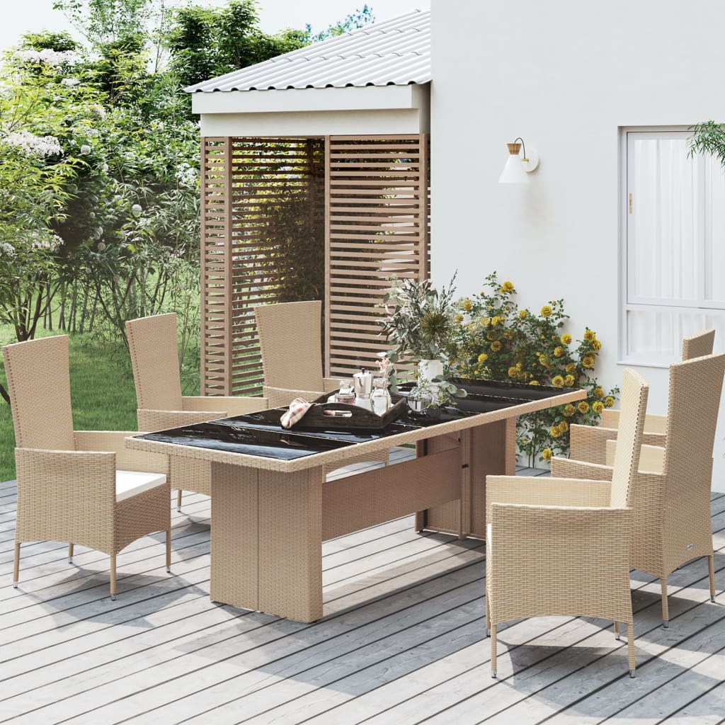 Trädgårdsbord med glasskiva beige konstrotting&härdat glas