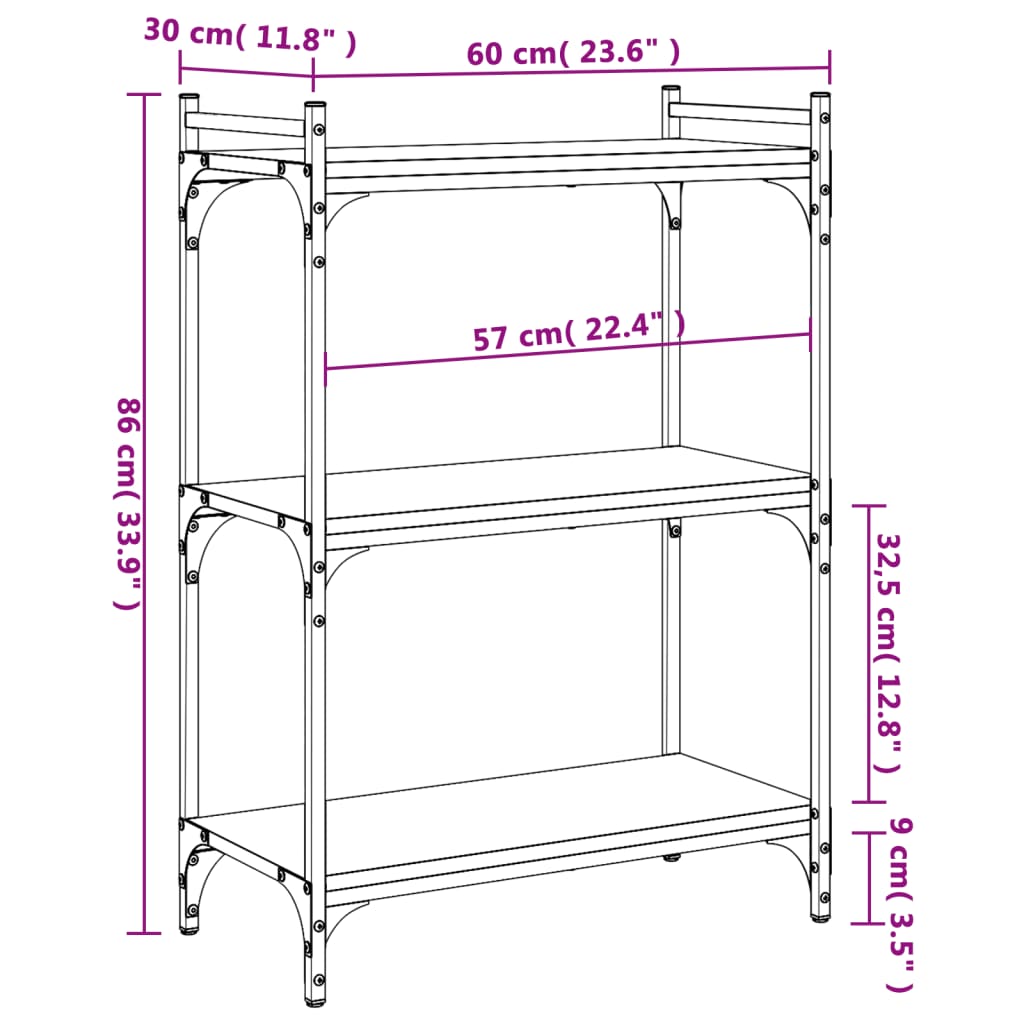 Bokhylla 3 hyllplan rökfärgad ek 60x30x86 cm konstruerat trä