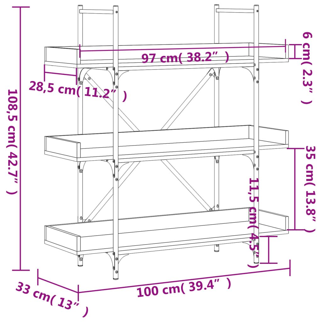 Bokhylla 3 hyllplan rökfärgad ek 100x33x108,5cm konstruerat trä