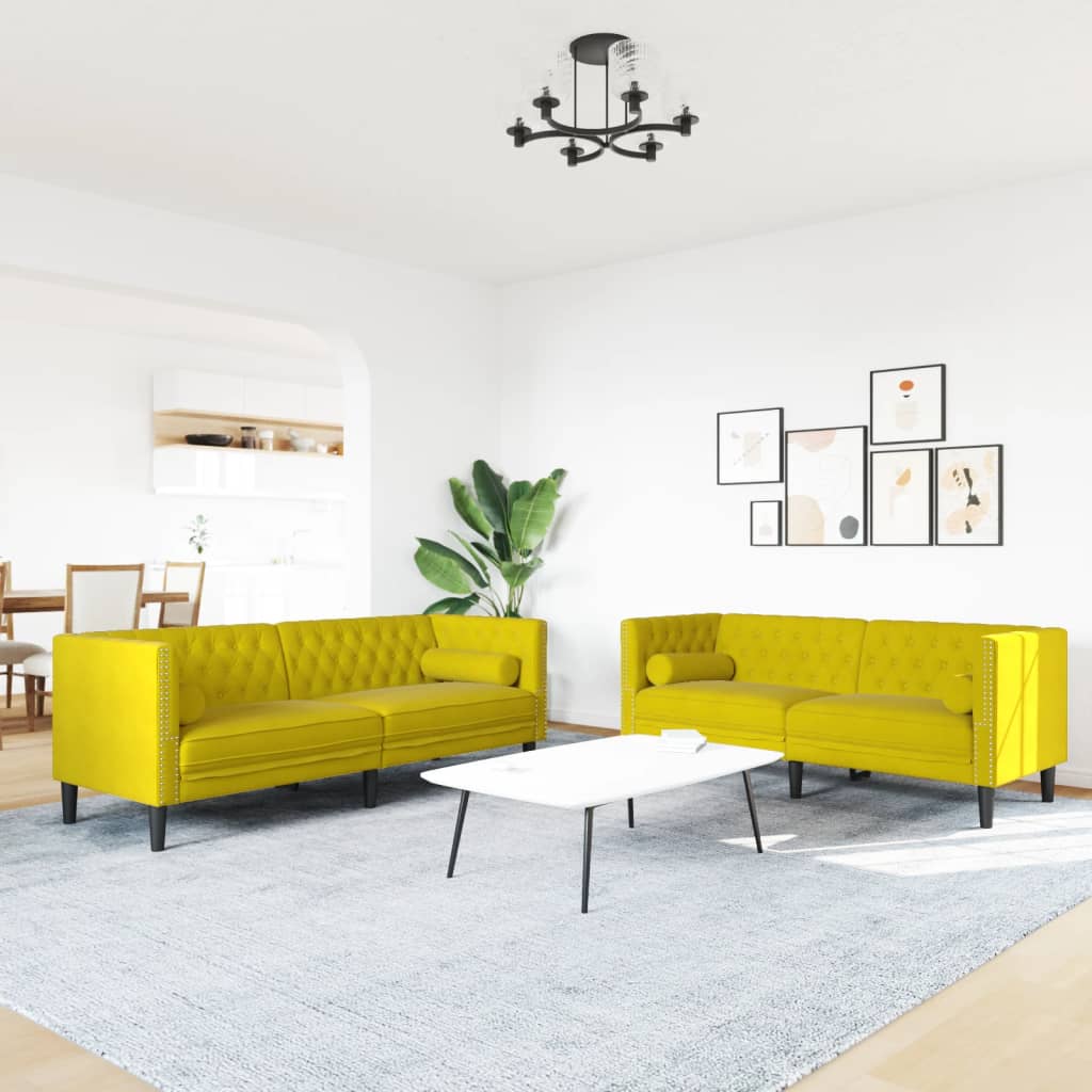 Soffgrupp chesterfield 2 delar bolsterkuddar gul sammet
