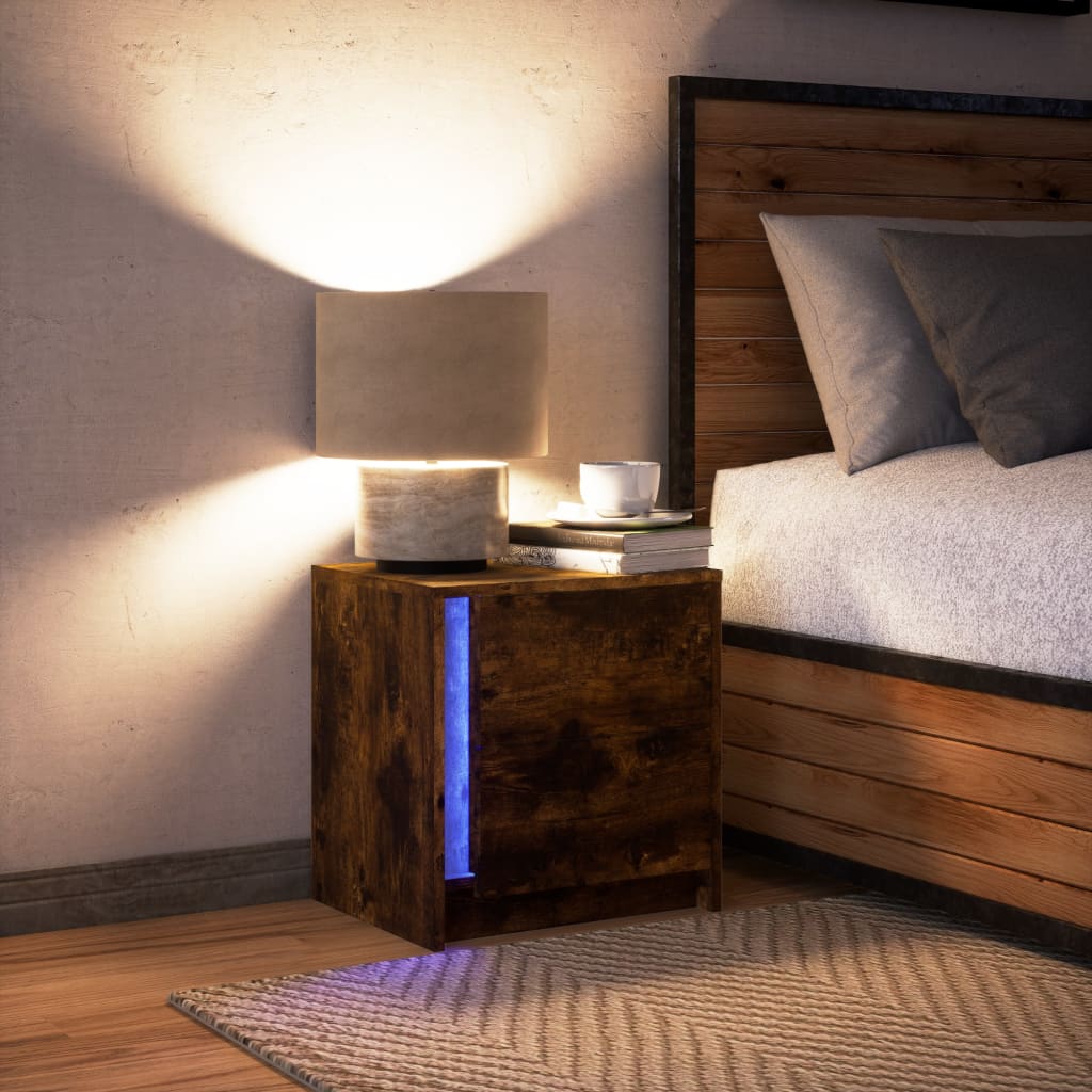 Sängbord med LED-lampor rökfärgad ek konstruerat trä