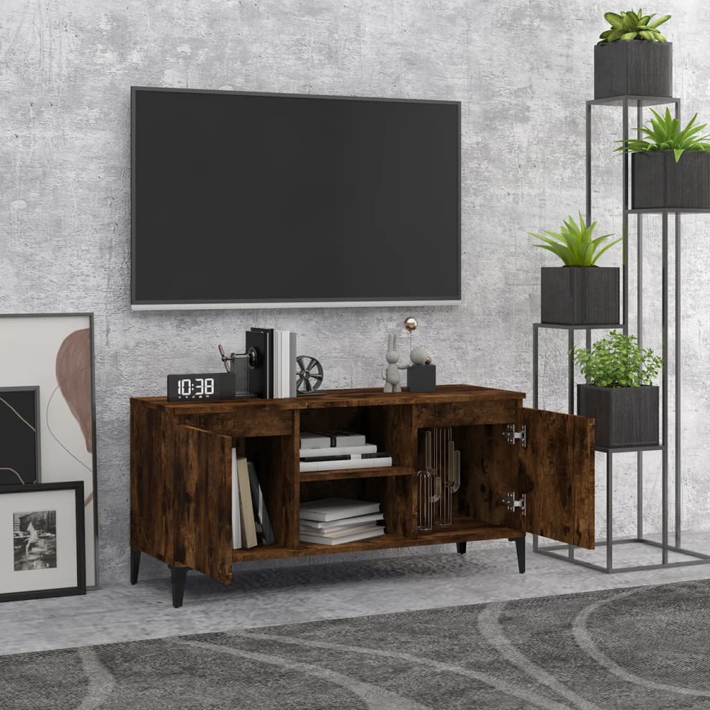 Tv-bänk med metallben rökfärgad ek 103,5x35x50 cm