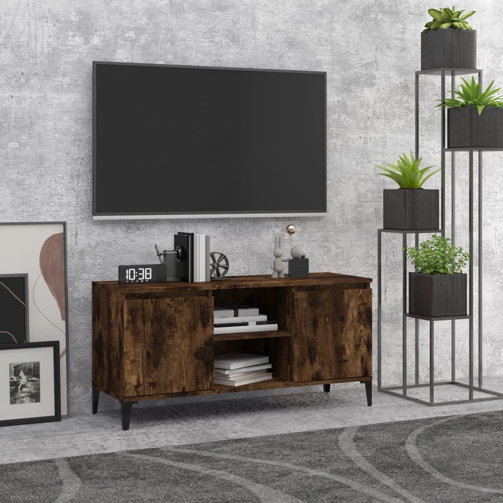 Tv-bänk med metallben rökfärgad ek 103,5x35x50 cm